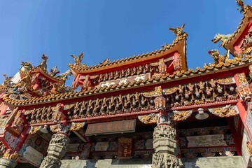 Riufang, Taiwan, 13 february 2024. View of the outside of the city temple, richly decorated....