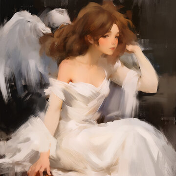 digital speed painting, loosely oil painted style, set of beautiful angel girl portrait.