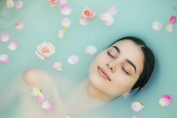 Obraz na płótnie Canvas tranquil woman submerged in a milk bath, flower petals floating around