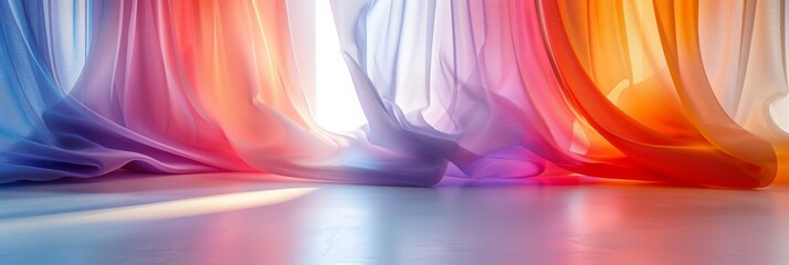 Colorful 3D curtain background in pastel vibrant hues. Abstract minimalist forms create a stunning backdrop for creative projects, digital art, and modern designs. Perfect for social media, web banner - obrazy, fototapety, plakaty
