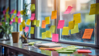 Bright Office Window with Colorful Sticky Notes