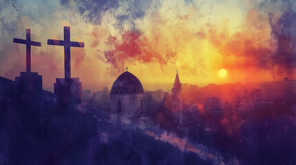 Oil  painting Christian city , cityscape during sunset with giant holy cross on top - obrazy, fototapety, plakaty