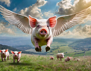 Flying Pig Soaring Over Countryside
