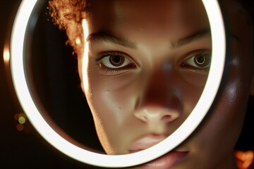 actors closeup with ring light reflection in the eyes