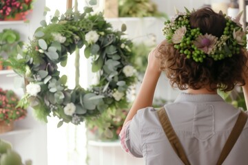 over shoulder shot of florist concentrating on wreath design