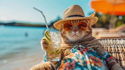 A cat dressed in a Hawaiian shirt, beach shorts, hat, sunglasses lies on a sunbathe on the beach, on a sun lounger, under a bright sun umbrella, drinks a mojito with ice from a glass glass with a stra - obrazy, fototapety, plakaty