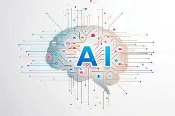 AI Brain Chip ai. Artificial Intelligence ethernet cable mind health data interoperability axon. Semiconductor ram circuit board brain simulation - obrazy, fototapety, plakaty