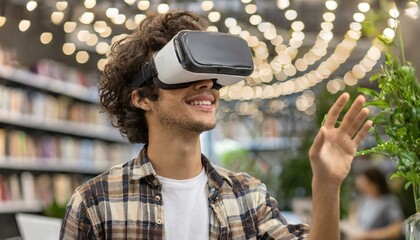 Young man using virtual reality headset. VR, future, gadgets, technology concept