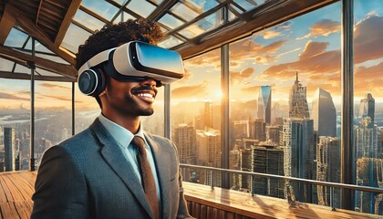 Young man using virtual reality headset. VR, future, gadgets, technology concept