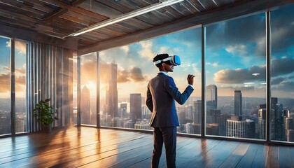 Young man using virtual reality headset. VR, future, gadgets, technology concept