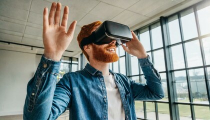 Young man using virtual reality headset. VR, future, gadgets, technology concept