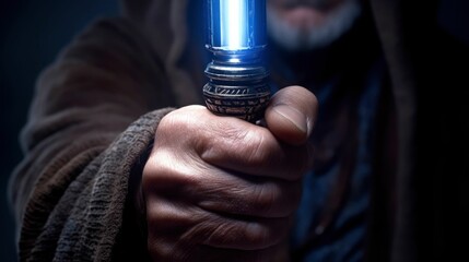 a person holding up a light saber in a dark room