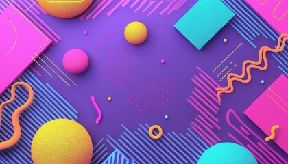 Classic 80s Memphis style design elements on a vivid purple background. Funky geometric shapes, squiggles, and patterns create a nostalgic, abstract composition ideal for retro-themed designs