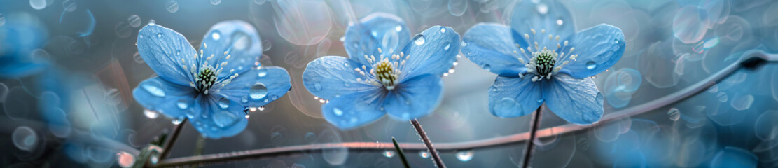 blue flowers in a field, in the style of water drops
