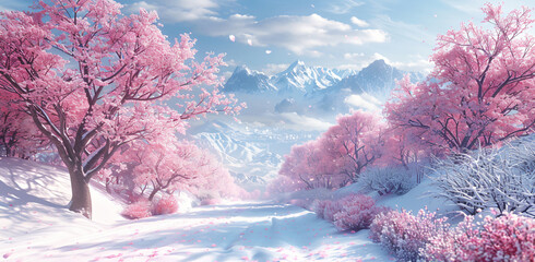 snowy sakura trees with white snow covering them - obrazy, fototapety, plakaty
