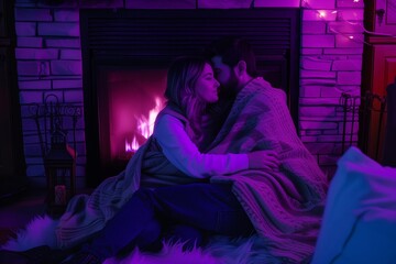couple cuddling under throw blanket, violet hue from fireplace