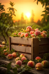Peaches harvested in a wooden box with orchard and sunset in the background. Natural organic fruit abundance. Agriculture, healthy and natural food concept. Vertical composition.