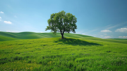 Picturesque landscape of green meadow with tree under cloudless bright blue sky in summer