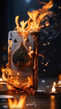 Poker cards burn in the fire.