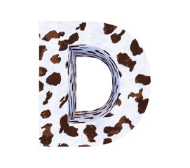 Cow Fur textured 3D letter D isolated on white background