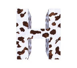 Cow Fur textured 3D letter H isolated on white background