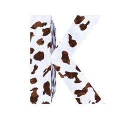 Cow Fur textured 3D letter K isolated on white background