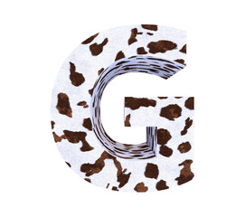 Cow Fur textured 3D letter G isolated on white background