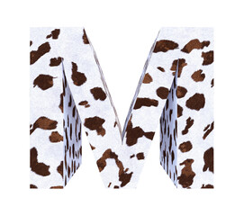 Cow Fur textured 3D letter M isolated on white background