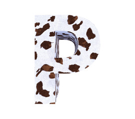 Cow Fur textured 3D letter P isolated on white background