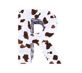 Cow Fur textured 3D letter R isolated on white background