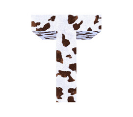 Cow Fur textured 3D letter T isolated on white background