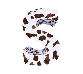 Cow Fur textured 3D letter S isolated on white background