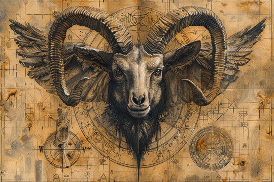 A detailed engraving of Baphomet surrounded by mystical artifacts and symbols of alchemy hinting at forbidden knowledge