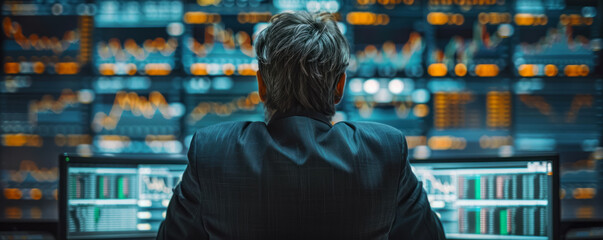A financial analyst working in a high-tech environment surrounded by screens displaying real-time global market exchanges and data analysis - obrazy, fototapety, plakaty