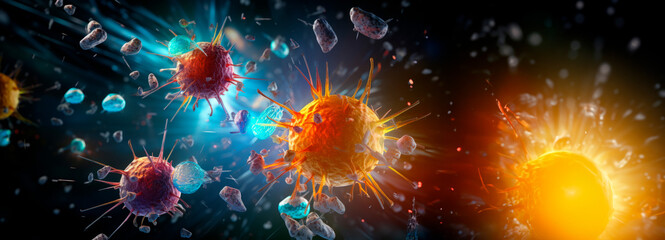 A dynamic depiction of vibrant virus cells in an abstract representation, conveying the intensity of infectious diseases. - obrazy, fototapety, plakaty