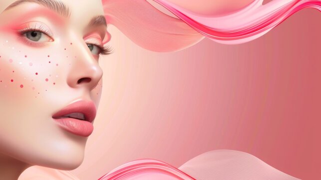 Beauty salon banner template with decorative cosmetics and makeup tools on pink background. Foundation, powder, eyeshadow palette, mascara, brushes. Glamour style, fashion, visage and makeover. Flyer