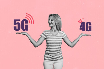 Creative photo poster sketch collage of young woman holding advantages 5g connection against 4g signal isolated on pink background - Powered by Adobe