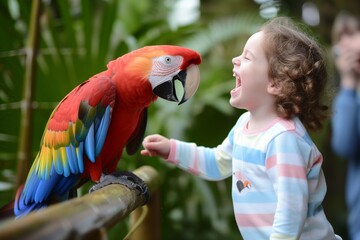 child laughing as a parrot mimics sounds from a zoo presenters talk - obrazy, fototapety, plakaty