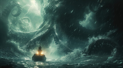 A lone submarine lights piercing the gloom encounters the massive form of a giant squid beneath storm-tossed waves