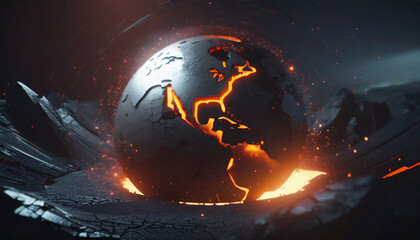 A volcanic scene with a sphere that resembles the earth, lava defines the countries and continents