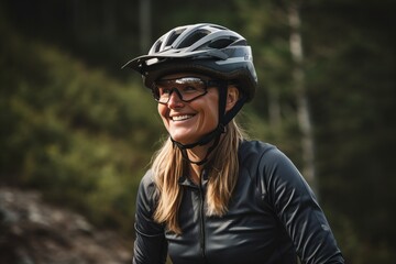 Portrait of a smiling woman wearing a helmet and glasses standing in the forest - obrazy, fototapety, plakaty