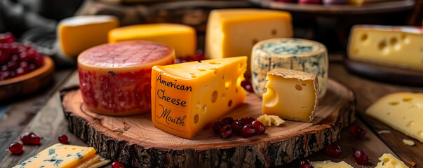 Variety of Gourmet American Cheeses Displayed to Celebrate American Cheese Month, Featuring Artisanal and Craft Cheeses on a Rustic Wooden Background