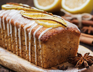 Lemon Drizzle Cake with Citrus and Spices - Wooden Board Presentation