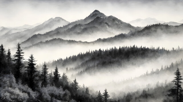 misty mountains covered with pine forest. black and white