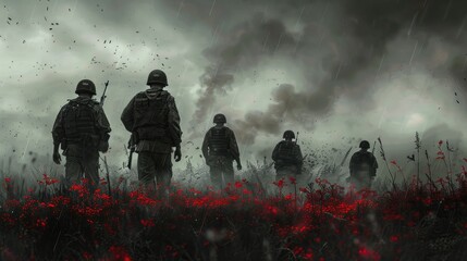 Soldiers amidst a field of red poppies and a stormy sky. - obrazy, fototapety, plakaty