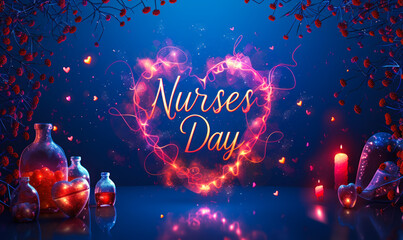 National Nurses Day celebrated with a golden heart and ECG line, surrounded by smaller hearts against a deep blue backdrop, honoring healthcare professionals