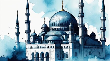 Magnificent Mosque with Blue Sky Background. Islamic background flat illustration. Ramadan kareem greeting banner template