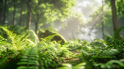 Sunlit forest path in a green and misty landscape, showcasing the beauty of nature with bright light filtering through trees