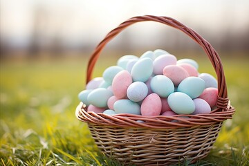 Naklejka premium Easter eggs in pastel colors, wicker basket on green meadow background, spring holiday concept