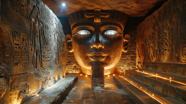 A mysterious scene inside a pyramids hidden chamber where artifacts glow with an unearthly light under the watchful eyes of an Amon Ra statue